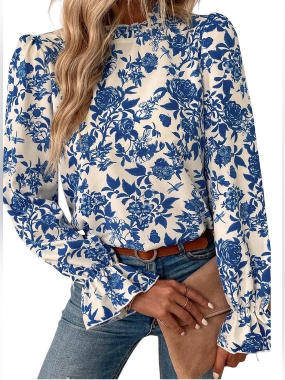 Blue Floral Print Flounce Sleeve Keyhole Back Blouse Size XL